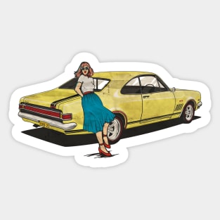 vintage yellow car and woman Sticker